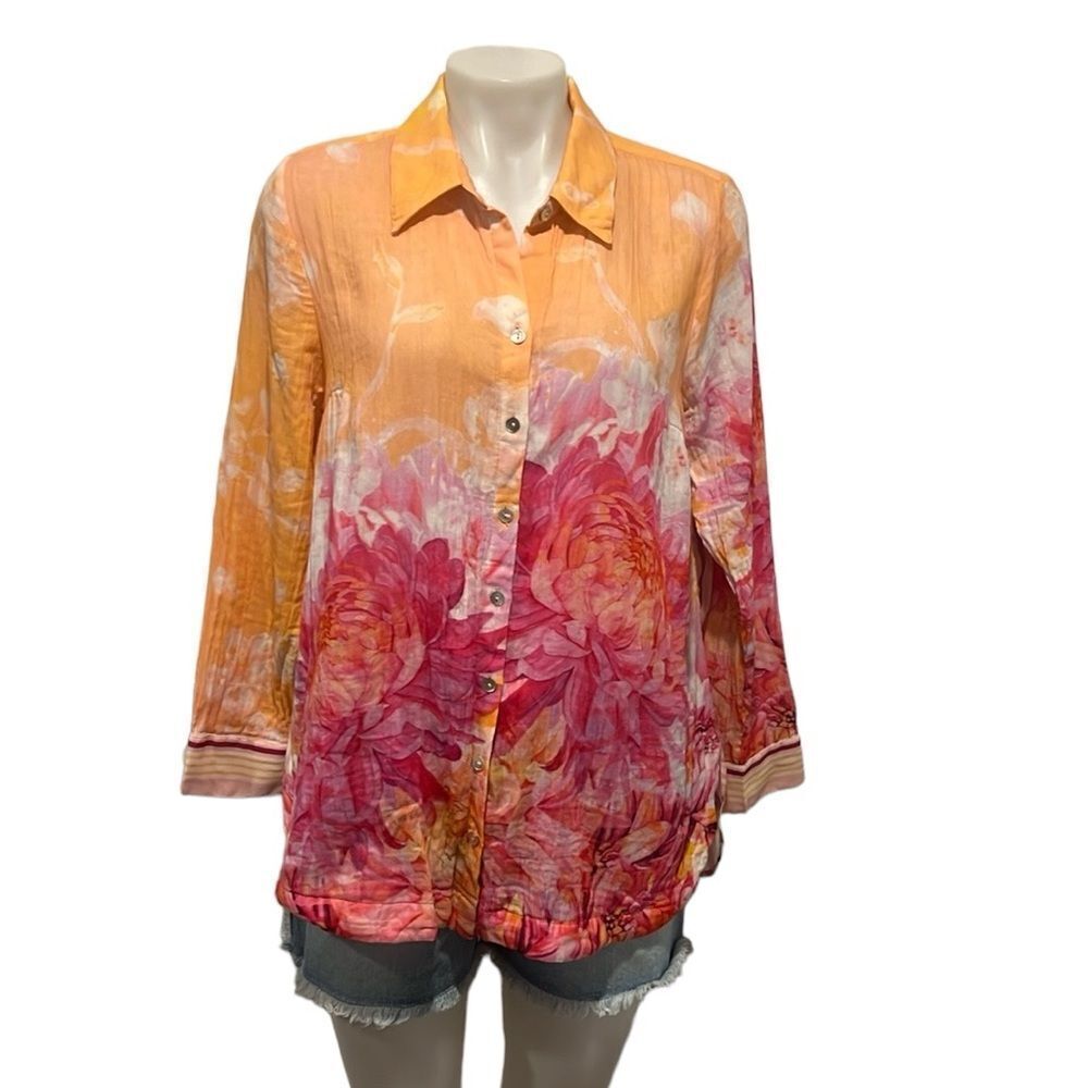 Soft Surroundings long sleeve floral stripe button down shirt size Medium